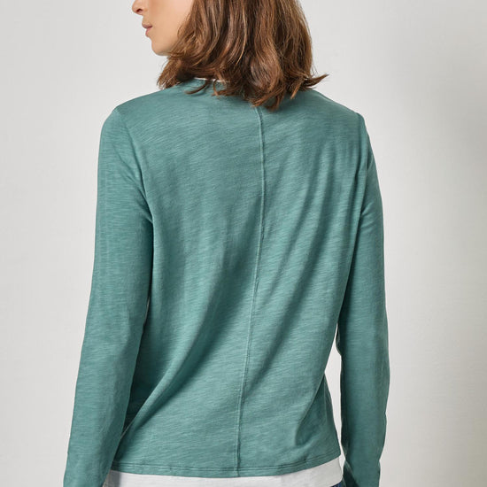 Paneled Hem Long Sleeve Crew Womens Top Eucalyptus A2