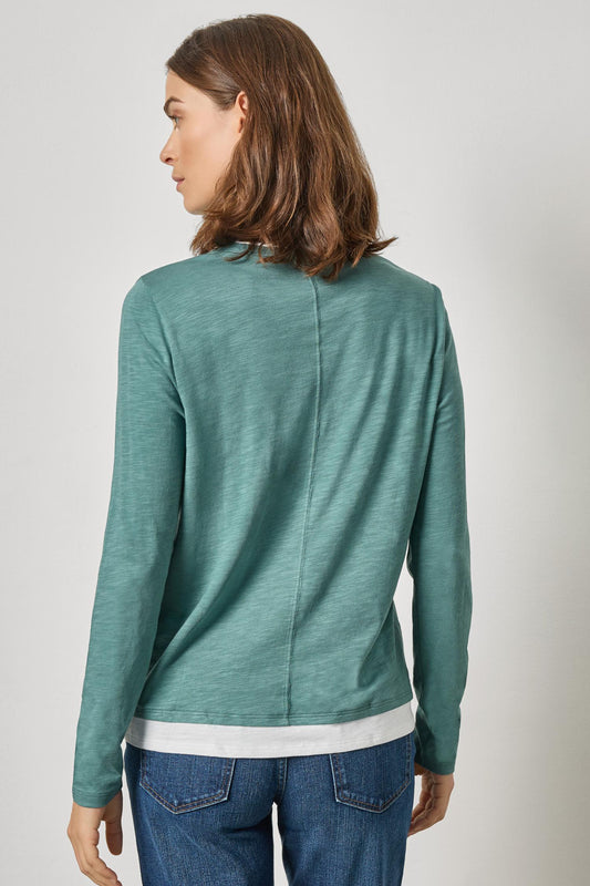 Paneled Hem Long Sleeve Crew Womens Top Eucalyptus A2