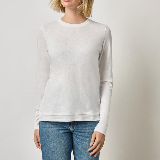 Paneled Hem Long Sleeve Crew Womens Top White A1