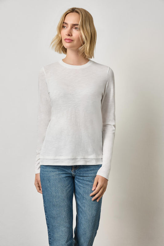 Paneled Hem Long Sleeve Crew Womens Top White A1