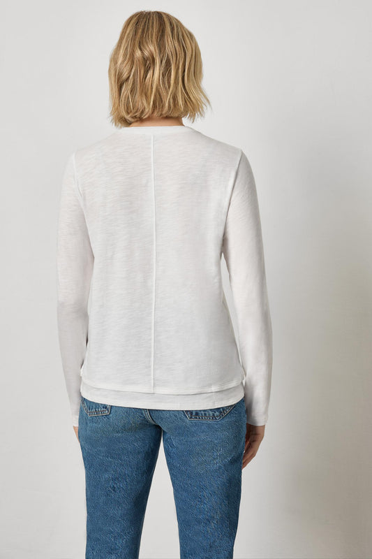 Paneled Hem Long Sleeve Crew Womens Top White A2