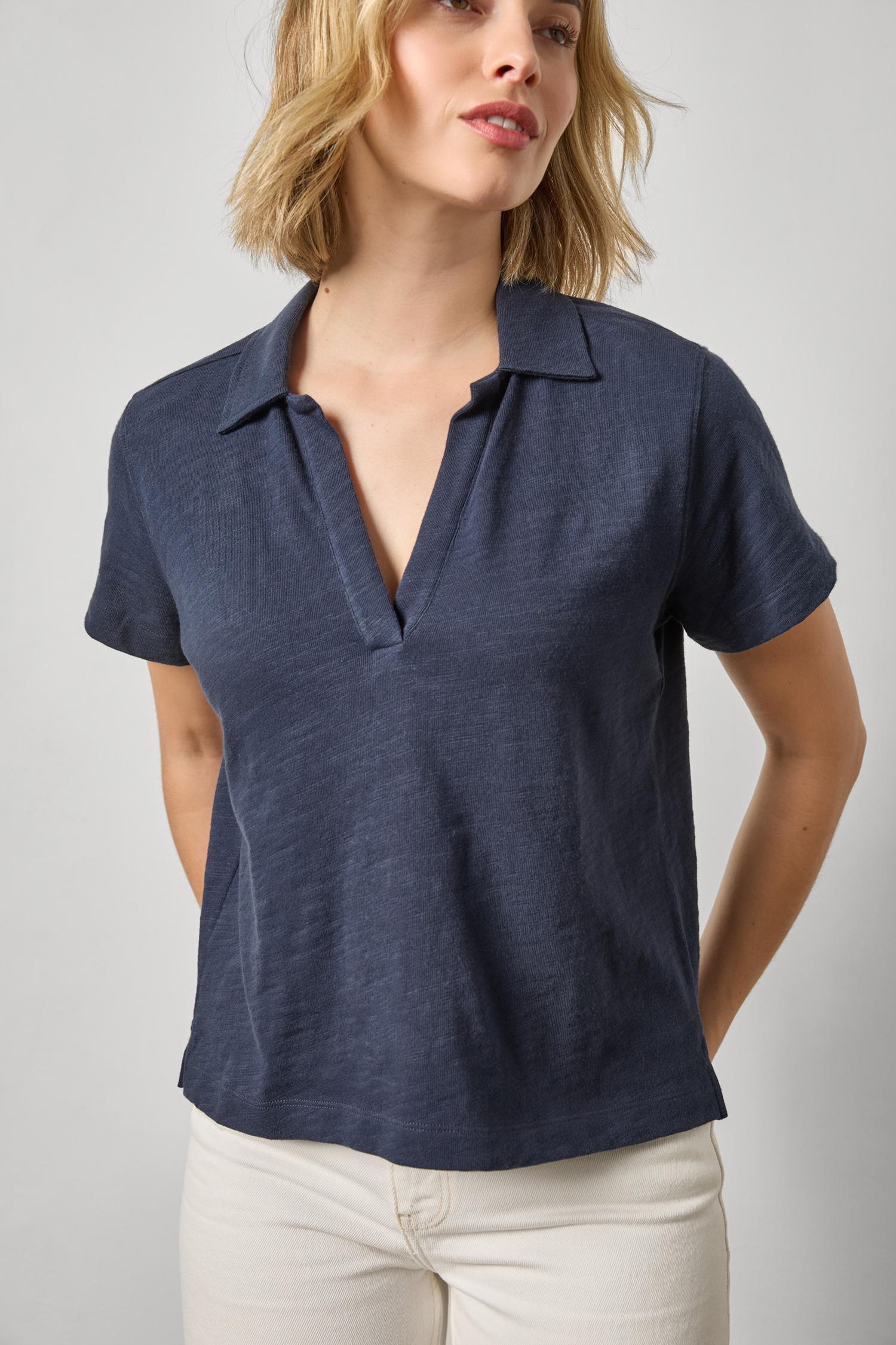 Vintage Short Sleeve Polo Womens Top Navy A1