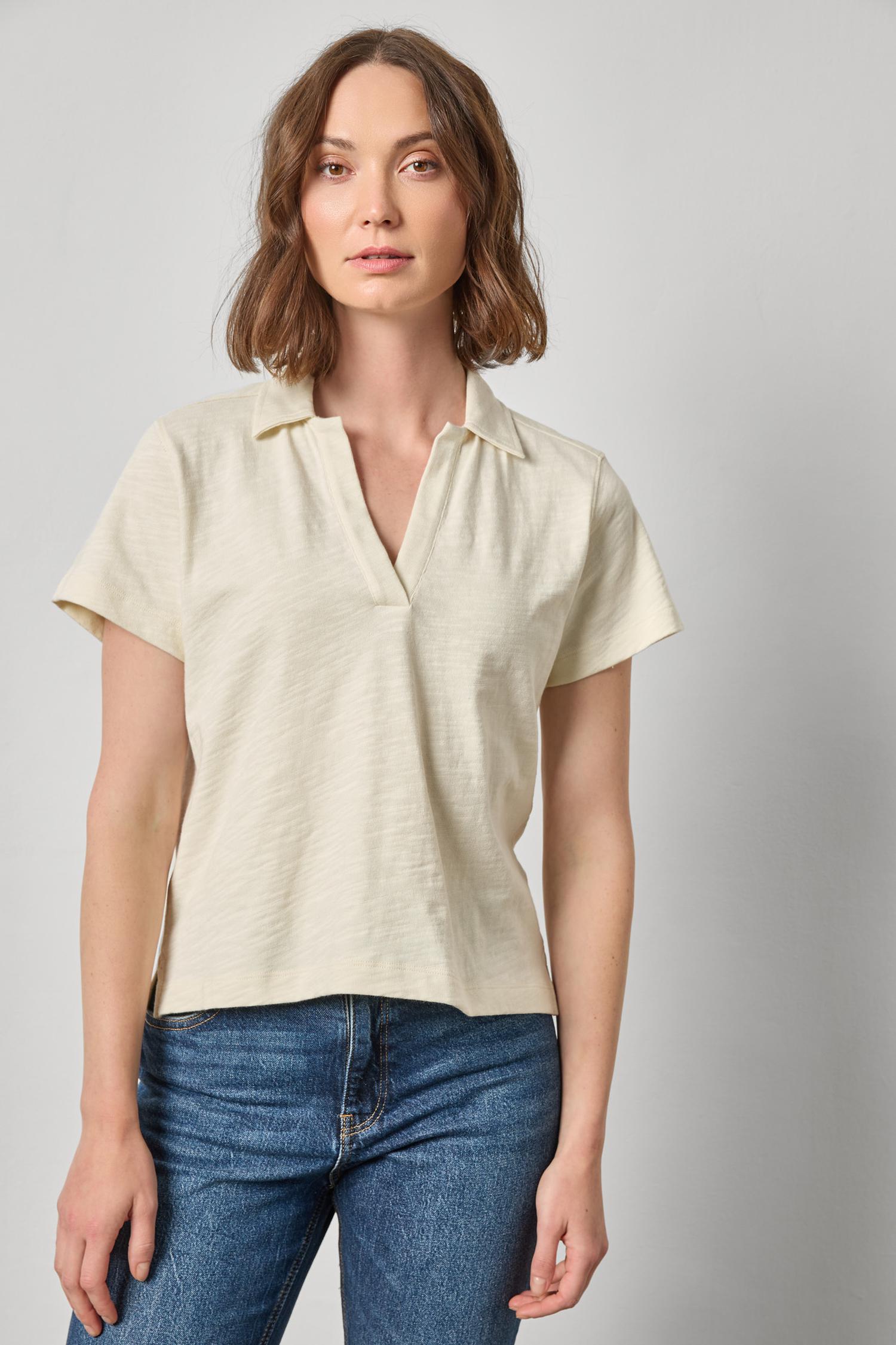 Vintage Short Sleeve Polo Womens Top Oyster A1