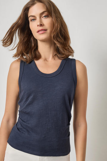 Vintage Side Pleat Tank Womens Top Navy A1