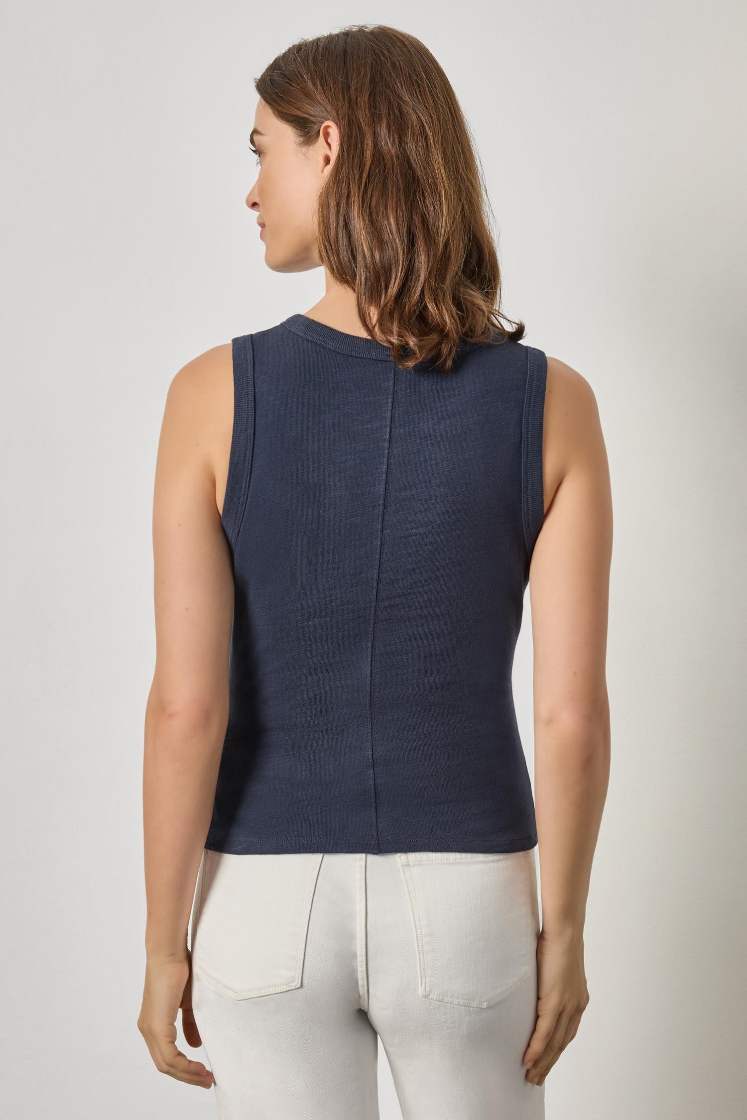 Vintage Side Pleat Tank Womens Top Navy A2