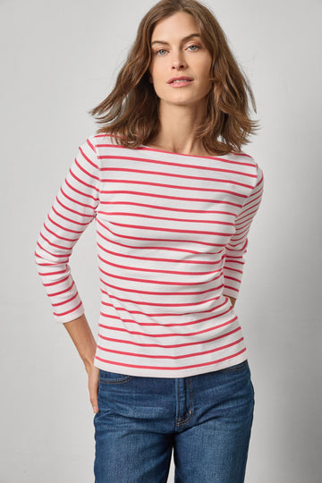 Rib Stripe 3/4 Boatneck Womens Top Geranium Stripe A1
