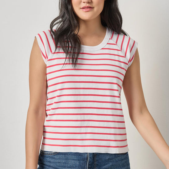 Rib Stripe Short Sleeve Scoop Neck Womens Top Geranium Stripe A1
