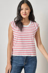 Rib Stripe Short Sleeve Scoop Neck Womens Top Geranium Stripe A1