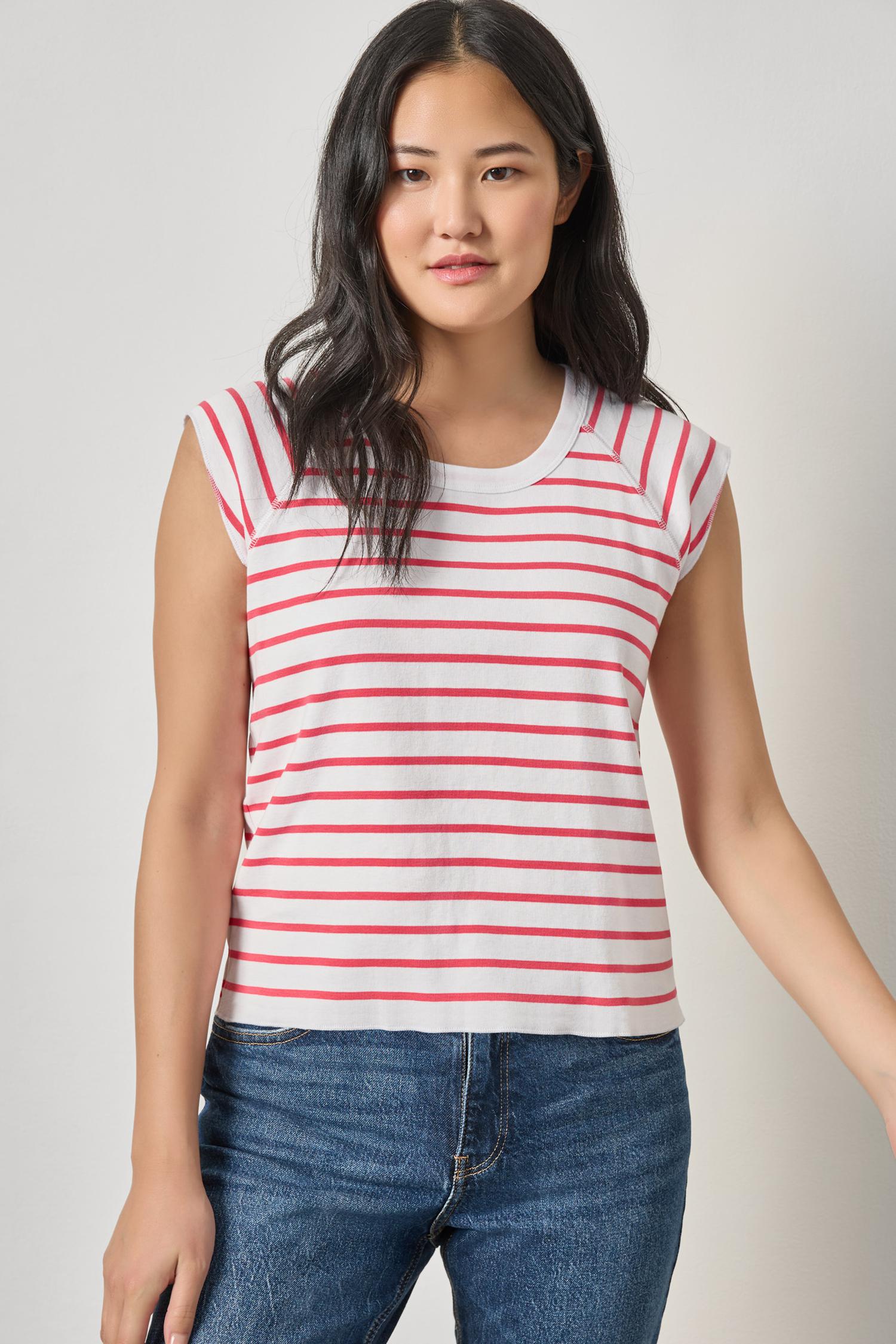 Rib Stripe Short Sleeve Scoop Neck Womens Top Geranium Stripe A1