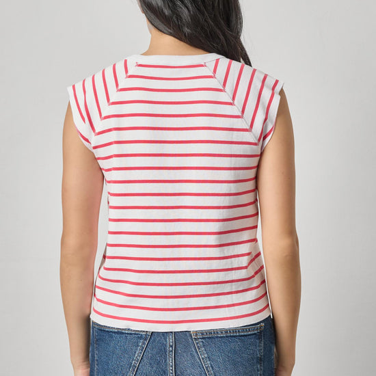 Rib Stripe Short Sleeve Scoop Neck Womens Top Geranium Stripe A2