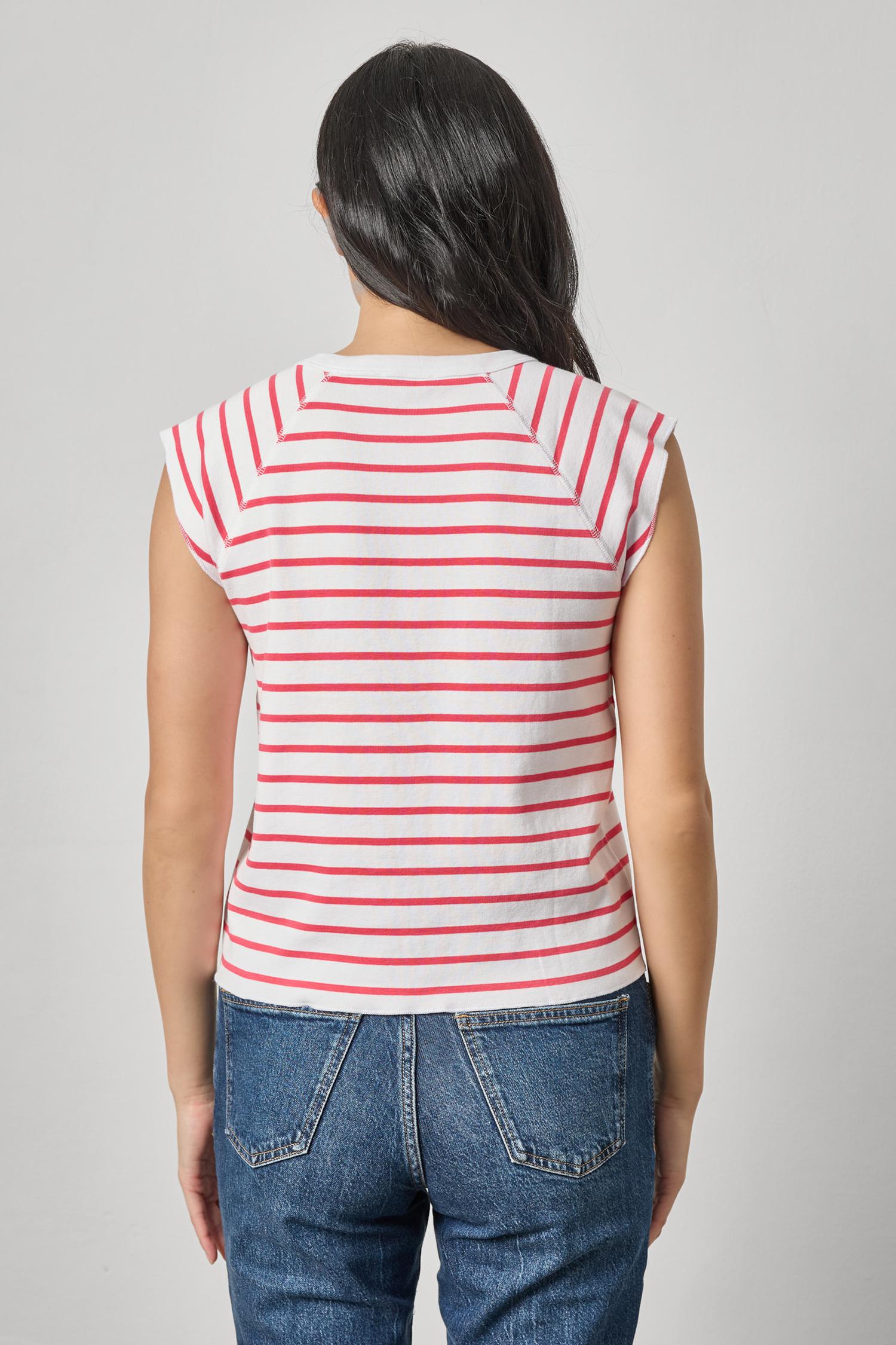 Rib Stripe Short Sleeve Scoop Neck Womens Top Geranium Stripe A2
