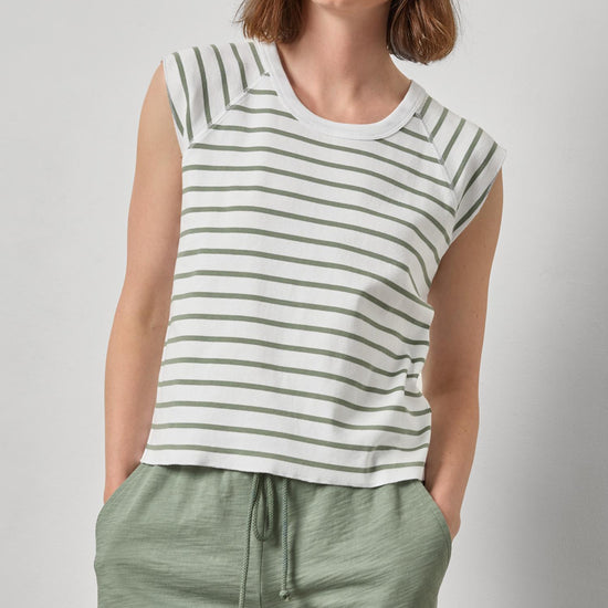 Rib Stripe Short Sleeve Scoop Neck Womens Top Sage Stripe A1