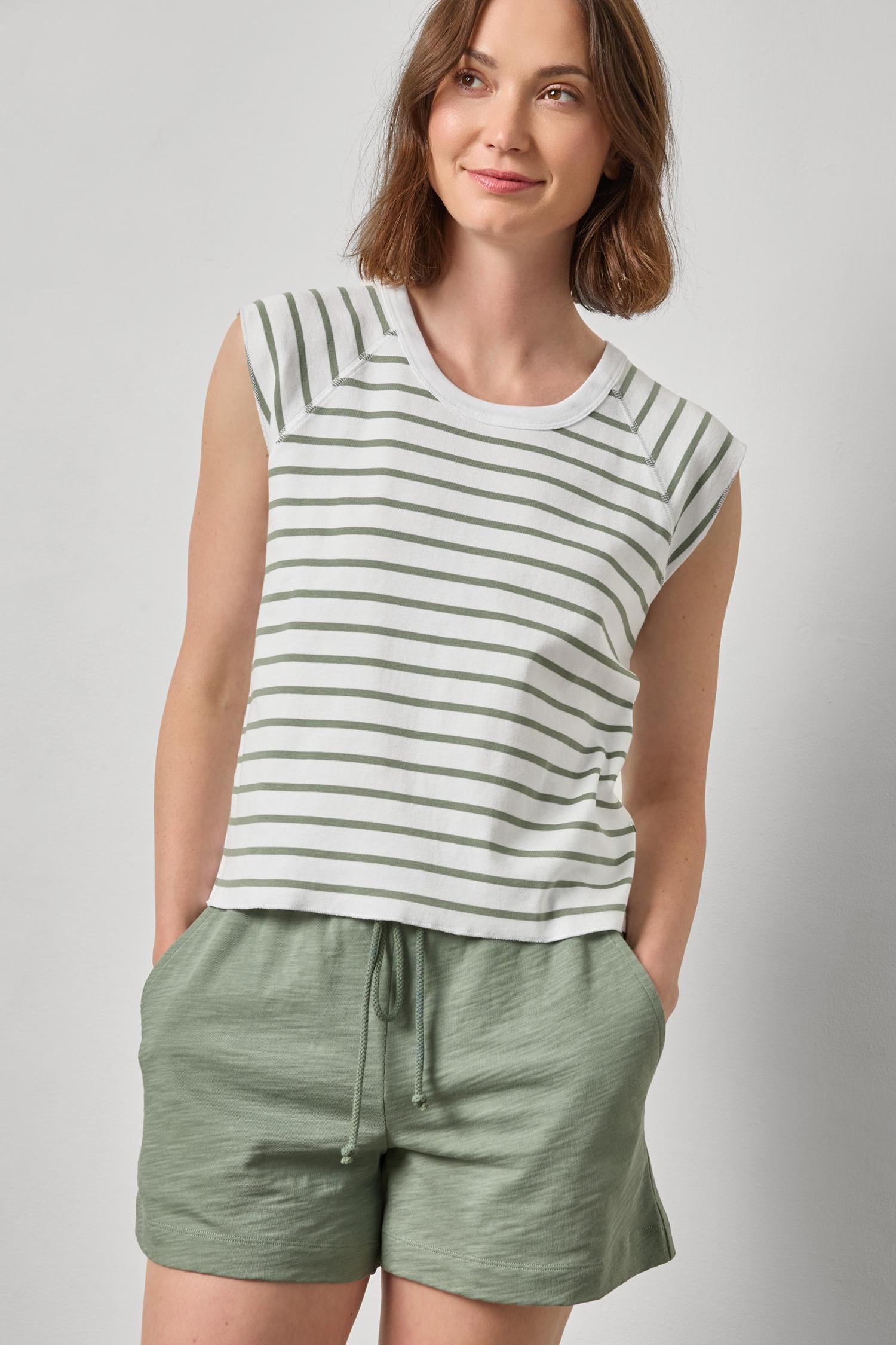 Rib Stripe Short Sleeve Scoop Neck Womens Top Sage Stripe A1
