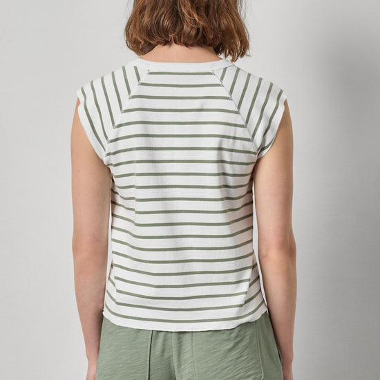 Rib Stripe Short Sleeve Scoop Neck Womens Top Sage Stripe A2