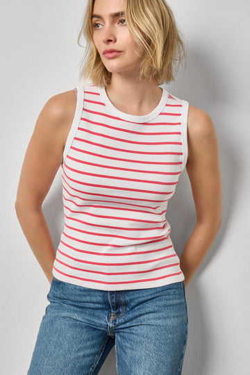 Rib Stripe High Neck Tank Womens Top Geranium Stripe A1