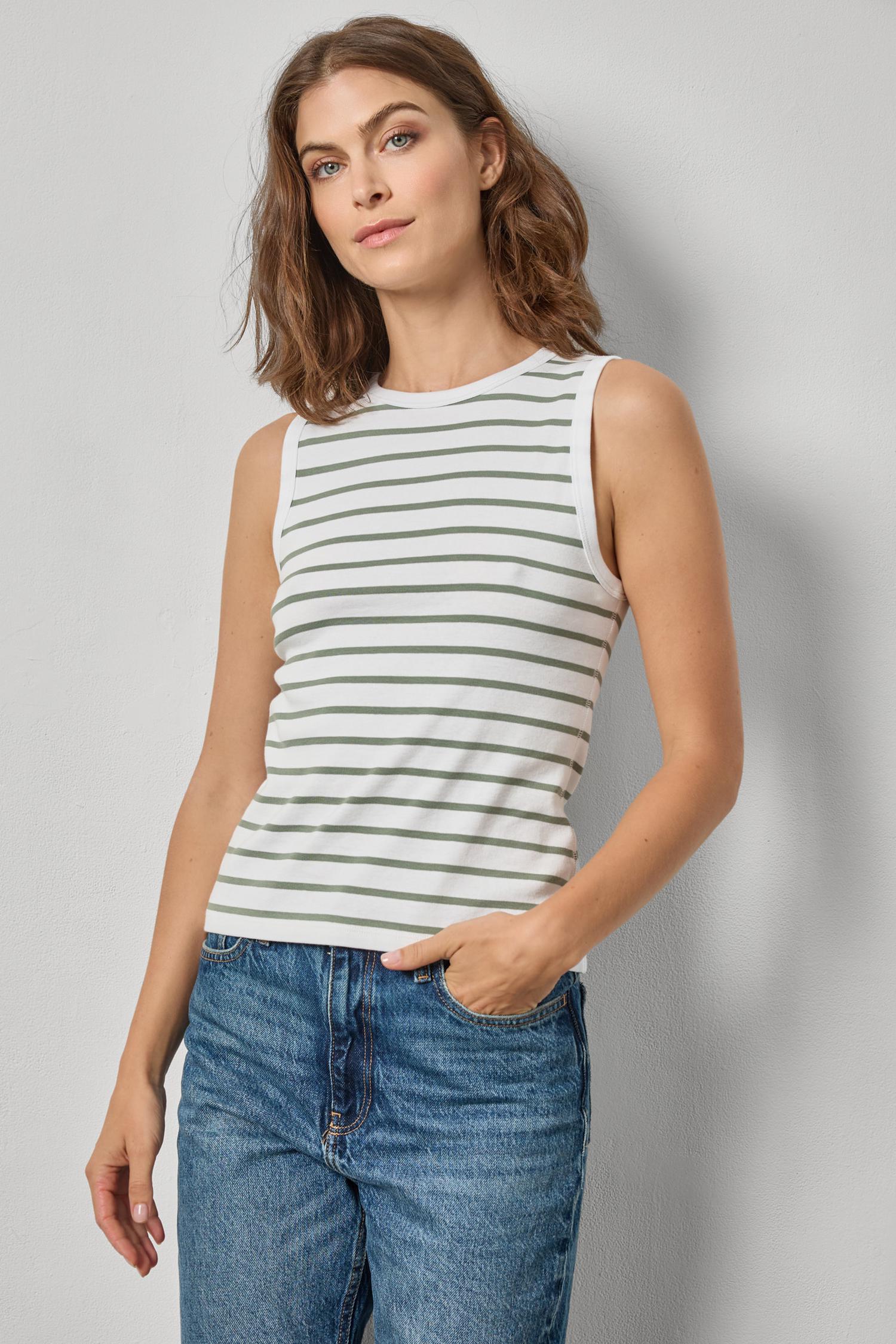 Rib Stripe High Neck Tank Womens Top Sage Stripe A3