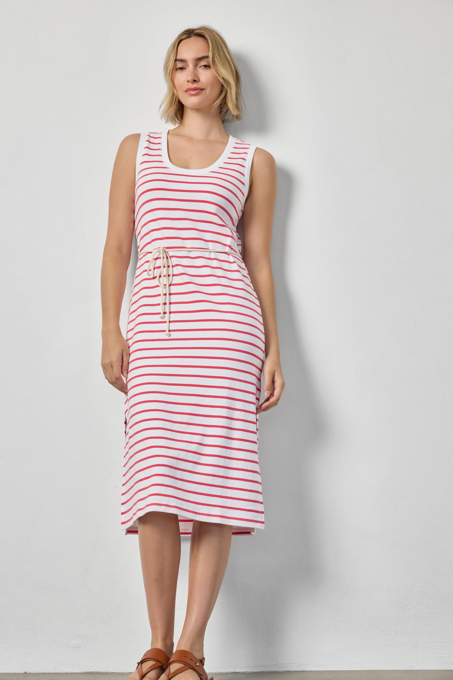 Rib Stripe Side Slit Tank Dress Womens Dress Geranium Stripe A3