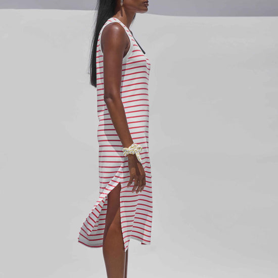 Rib Stripe Side Slit Tank Dress Womens Dress Geranium Stripe C1