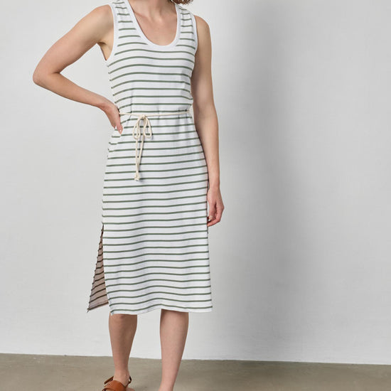 Rib Stripe Side Slit Tank Dress Womens Dress Sage Stripe A1
