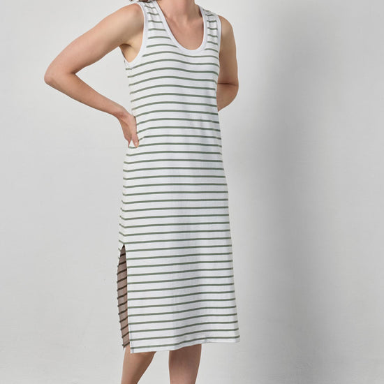 Rib Stripe Side Slit Tank Dress Womens Dress Sage Stripe A3