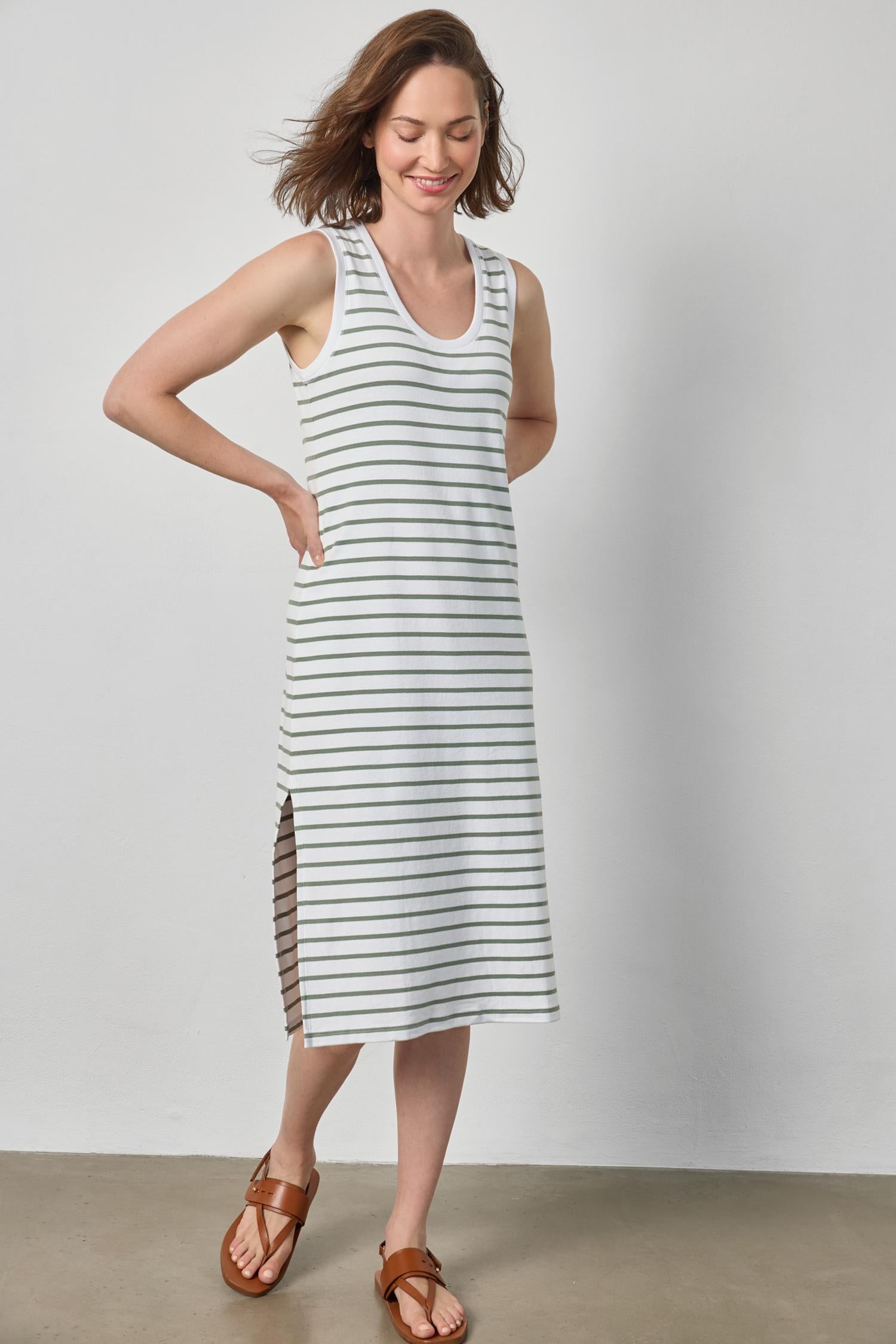 Rib Stripe Side Slit Tank Dress Womens Dress Sage Stripe A3