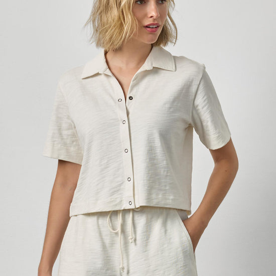 Short Sleeve Button Down Tee Womens Top Ecru A1