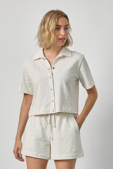 Short Sleeve Button Down Tee Womens Top Ecru A1