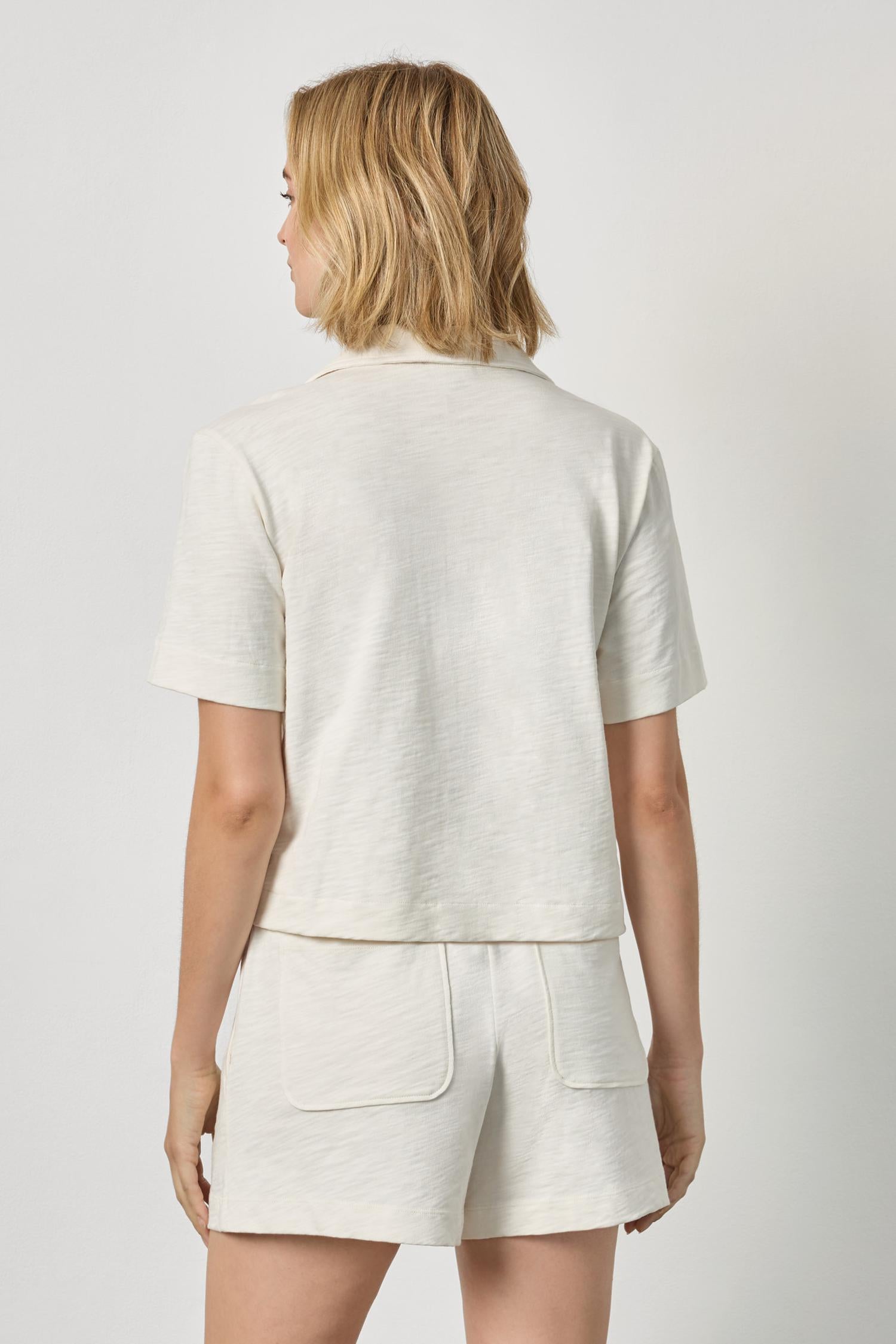 Short Sleeve Button Down Tee Womens Top Ecru A2