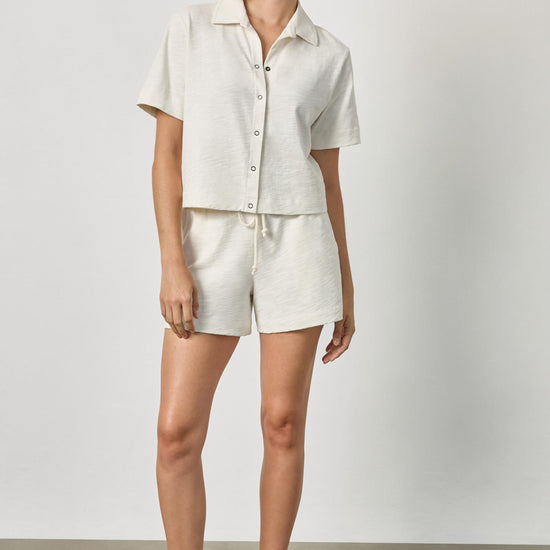 Short Sleeve Button Down Tee Womens Top Ecru A3