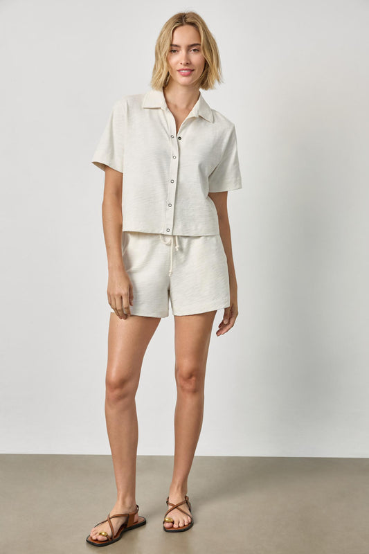 Short Sleeve Button Down Tee Womens Top Ecru A3