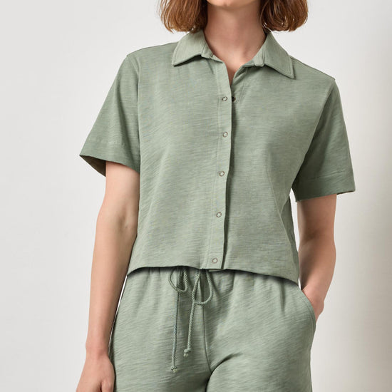 Short Sleeve Button Down Tee Womens Top Sage A1