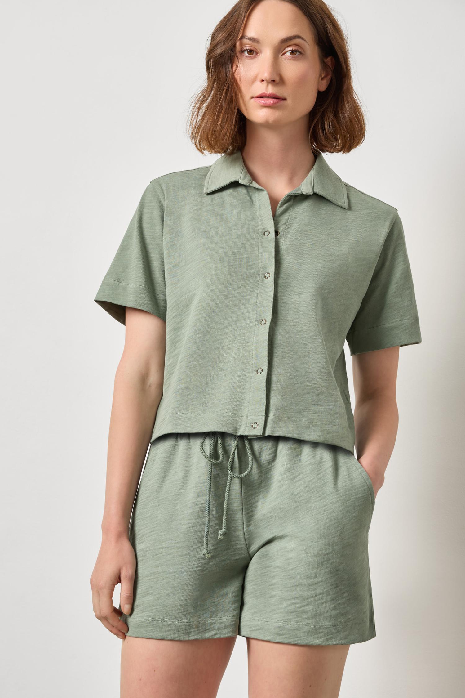 Short Sleeve Button Down Tee Womens Top Sage A1