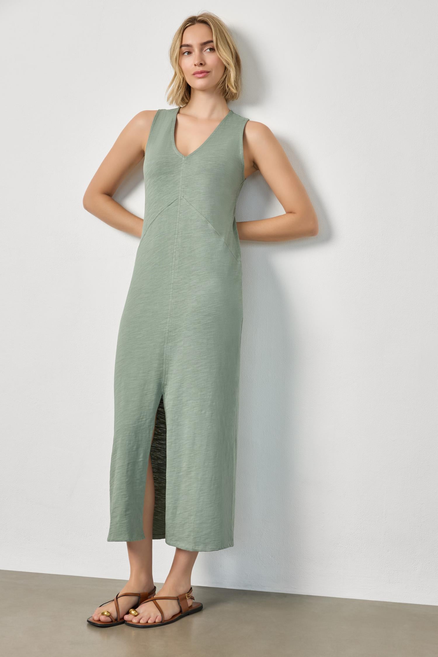 V-Neck Seamed Maxi Dress Womens Dress Sage A1