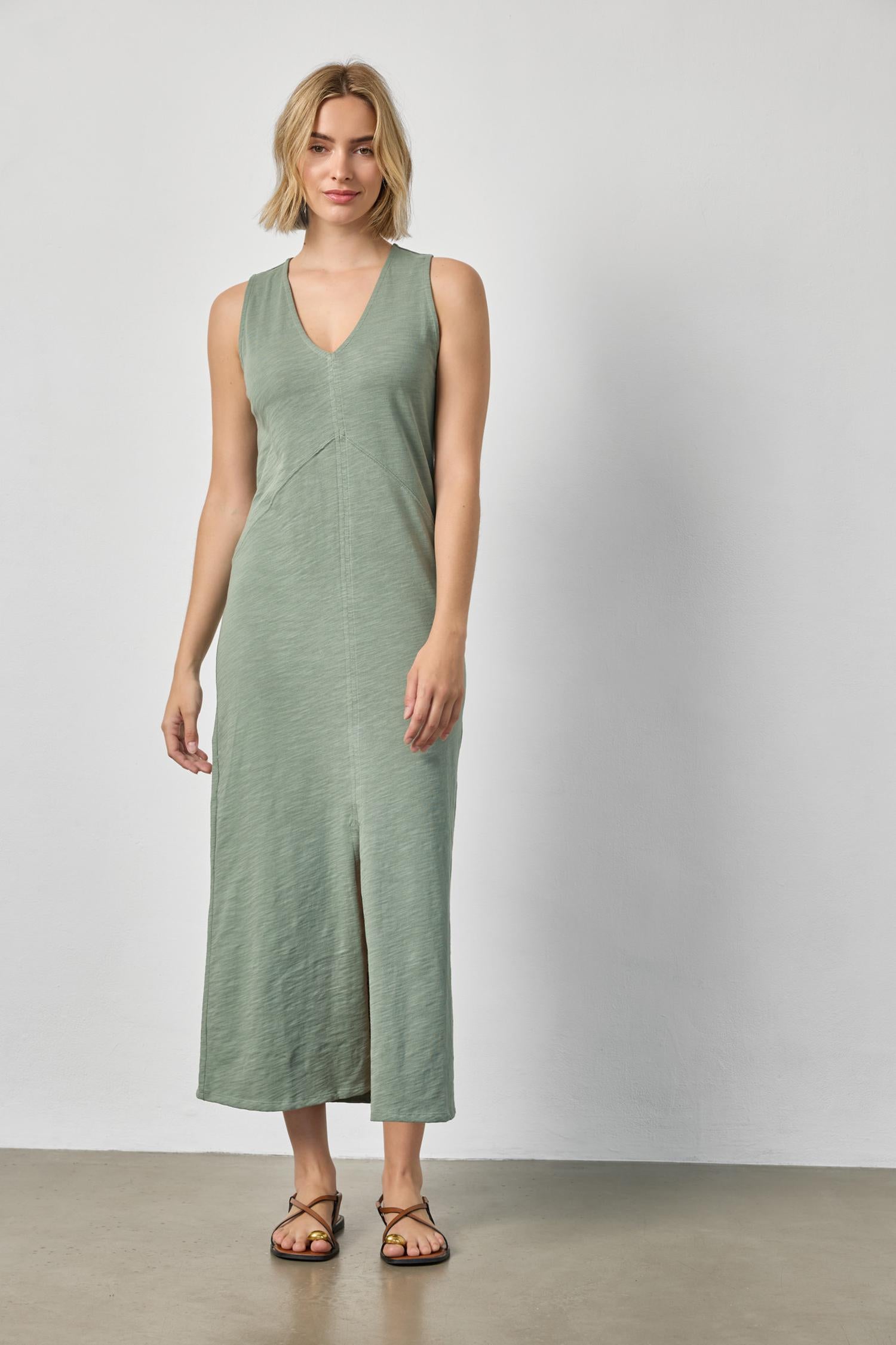 V-Neck Seamed Maxi Dress Womens Dress Sage A3