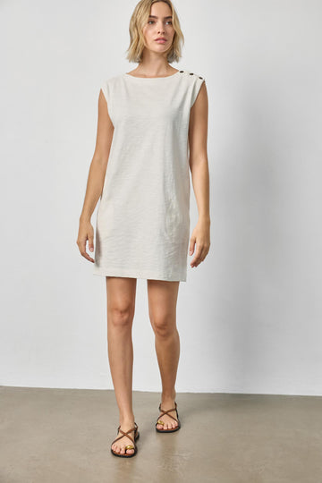 Snap Shoulder Boatneck Dress Womens Dress Ecru A1