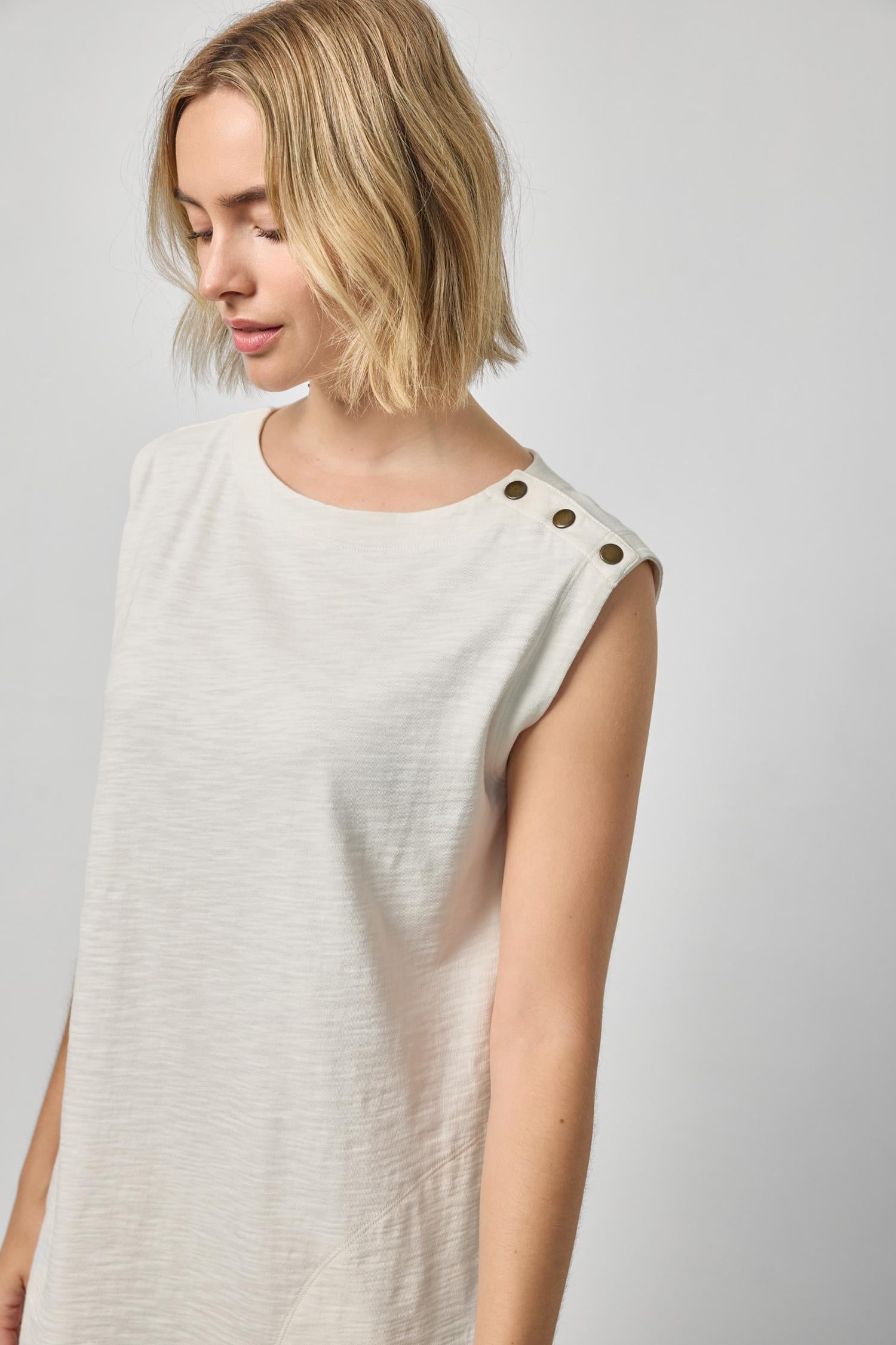 Snap Shoulder Boatneck Dress Womens Dress Ecru A3