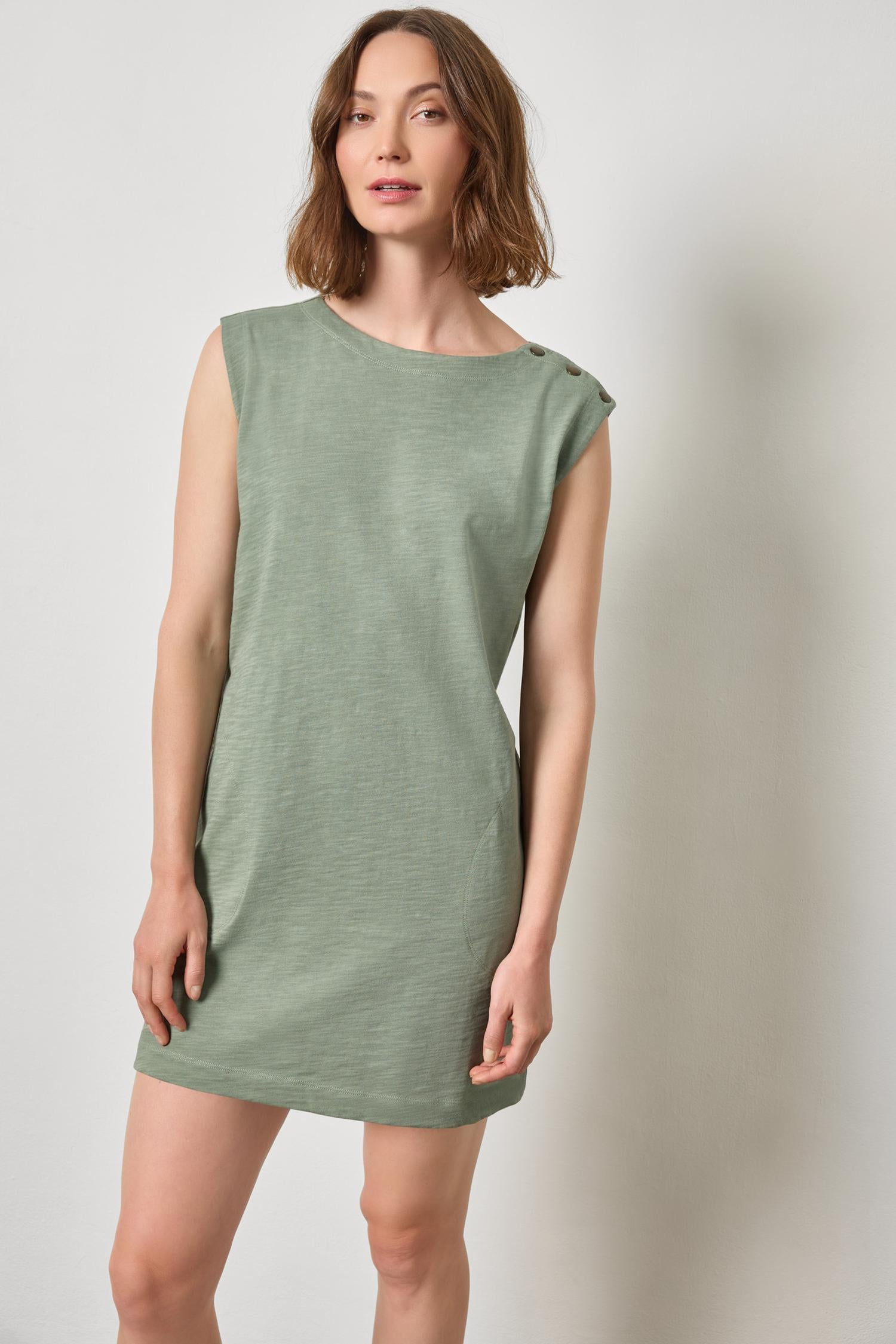 Snap Shoulder Boatneck Dress Womens Dress Sage A1