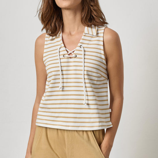 Sleeveless Collared Top Womens Top Burlap Stripe A1