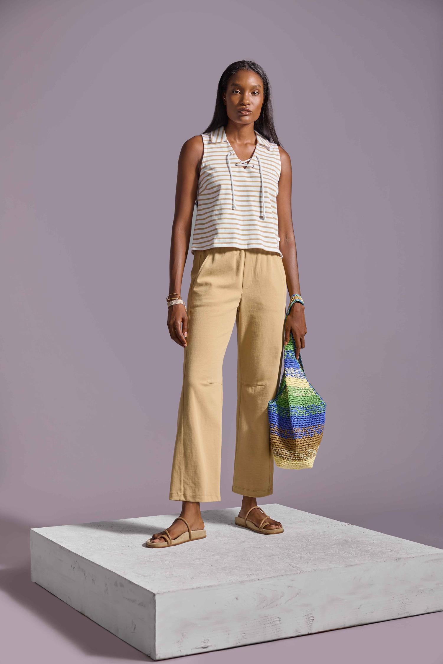 Sleeveless Collared Top Womens Top Burlap Stripe C1