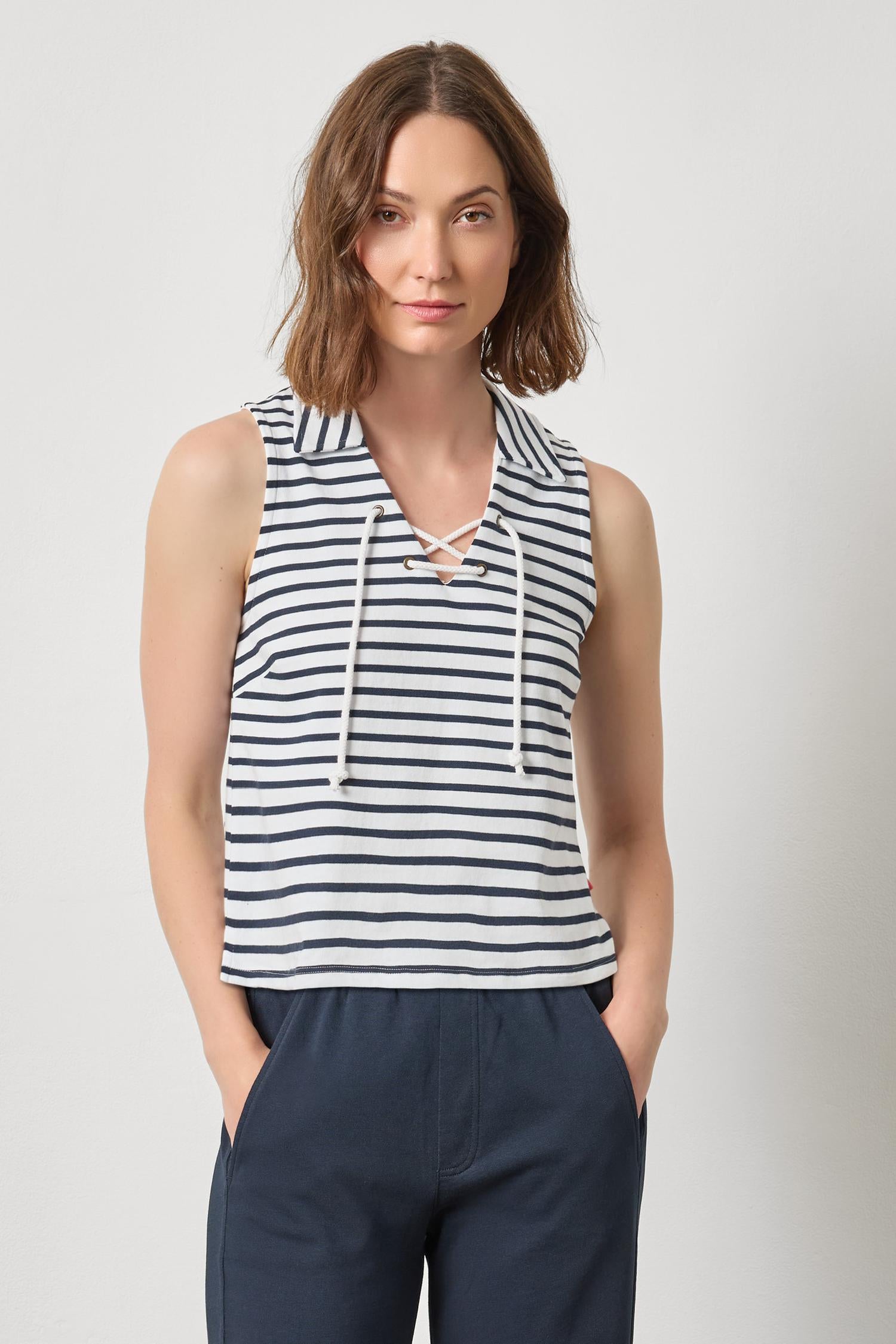 Sleeveless Collared Top Womens Top Navy Stripe A1