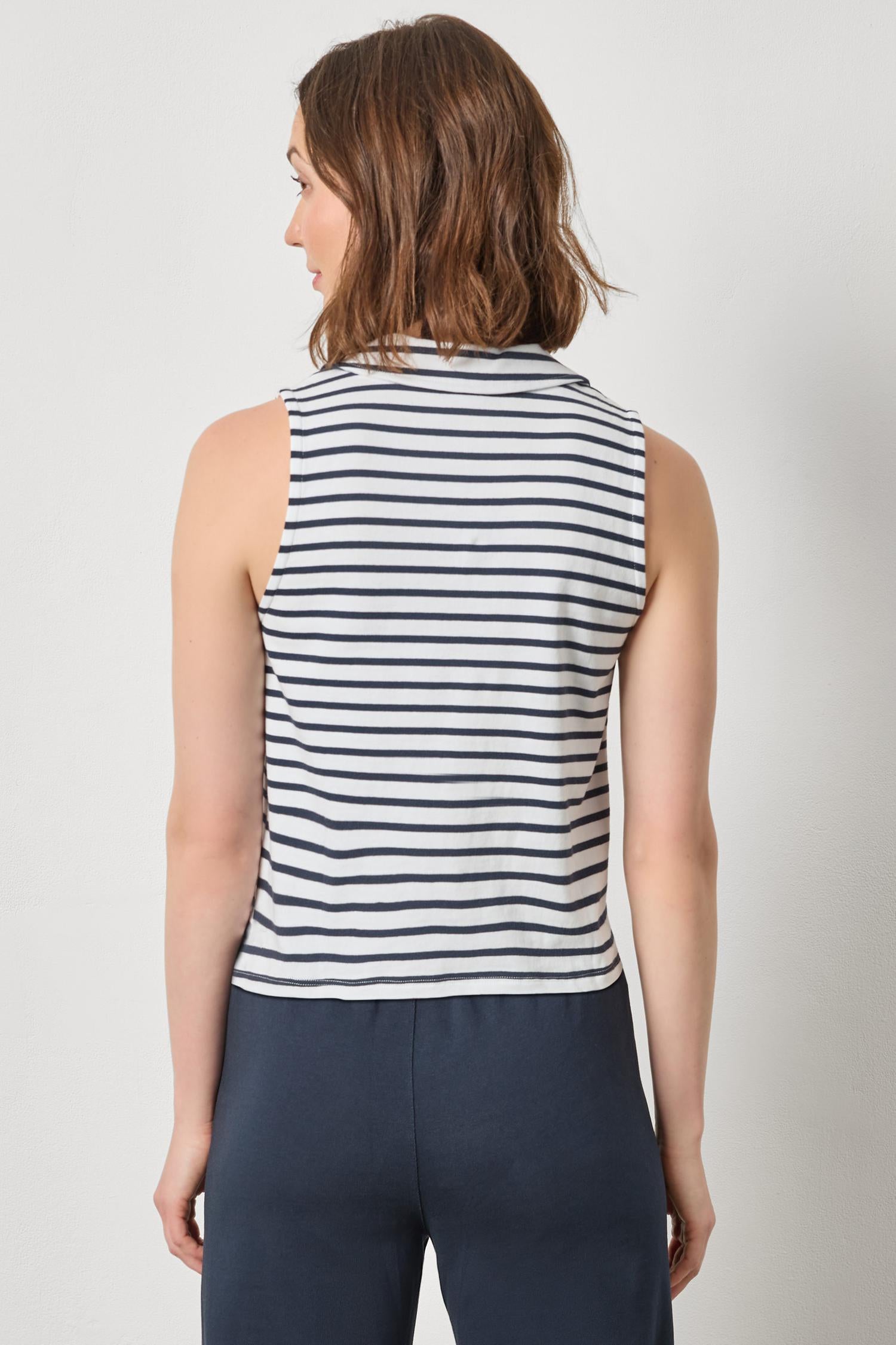 Sleeveless Collared Top Womens Top Navy Stripe A2