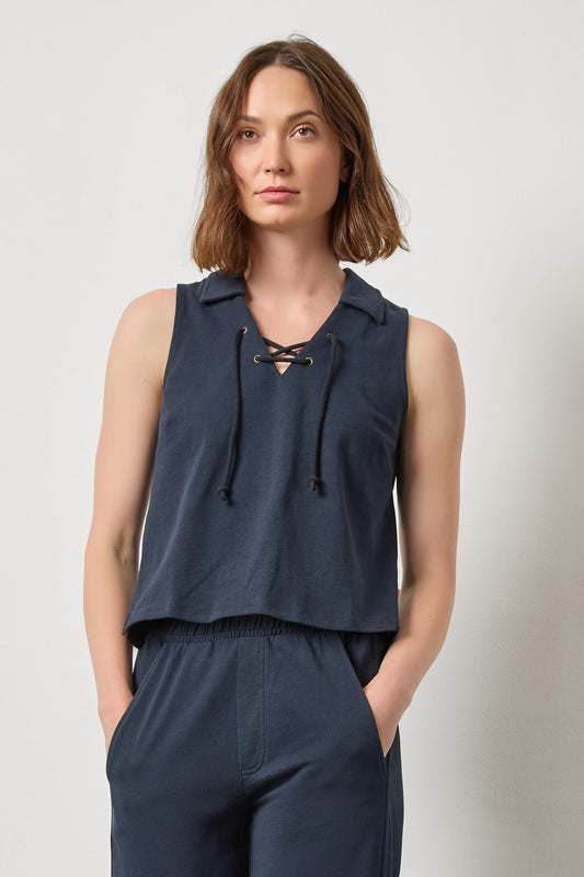 Sleeveless Collared Top Womens Top Navy A1