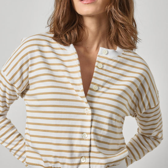 Rib Trim Cardigan Womens Top Burlap Stripe A1