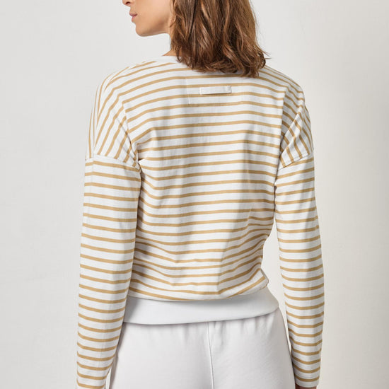 Rib Trim Cardigan Womens Top Burlap Stripe A2