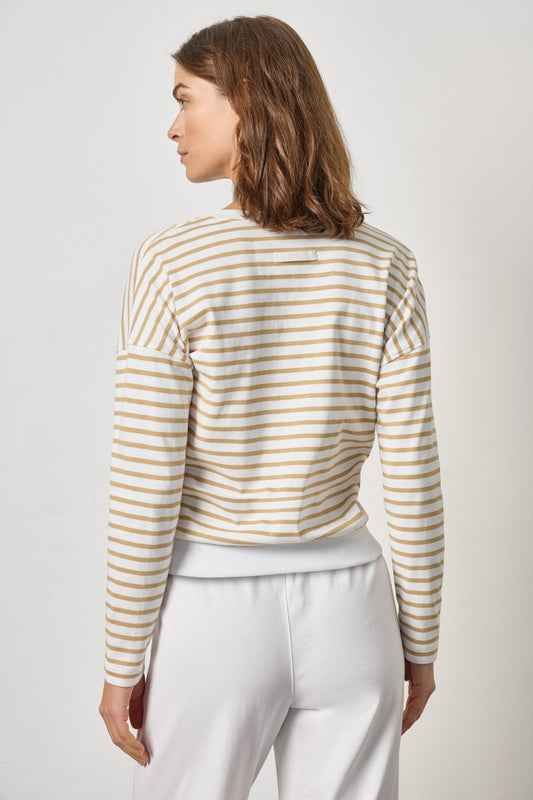 Rib Trim Cardigan Womens Top Burlap Stripe A2