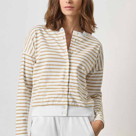 Rib Trim Cardigan Womens Top Burlap Stripe A3