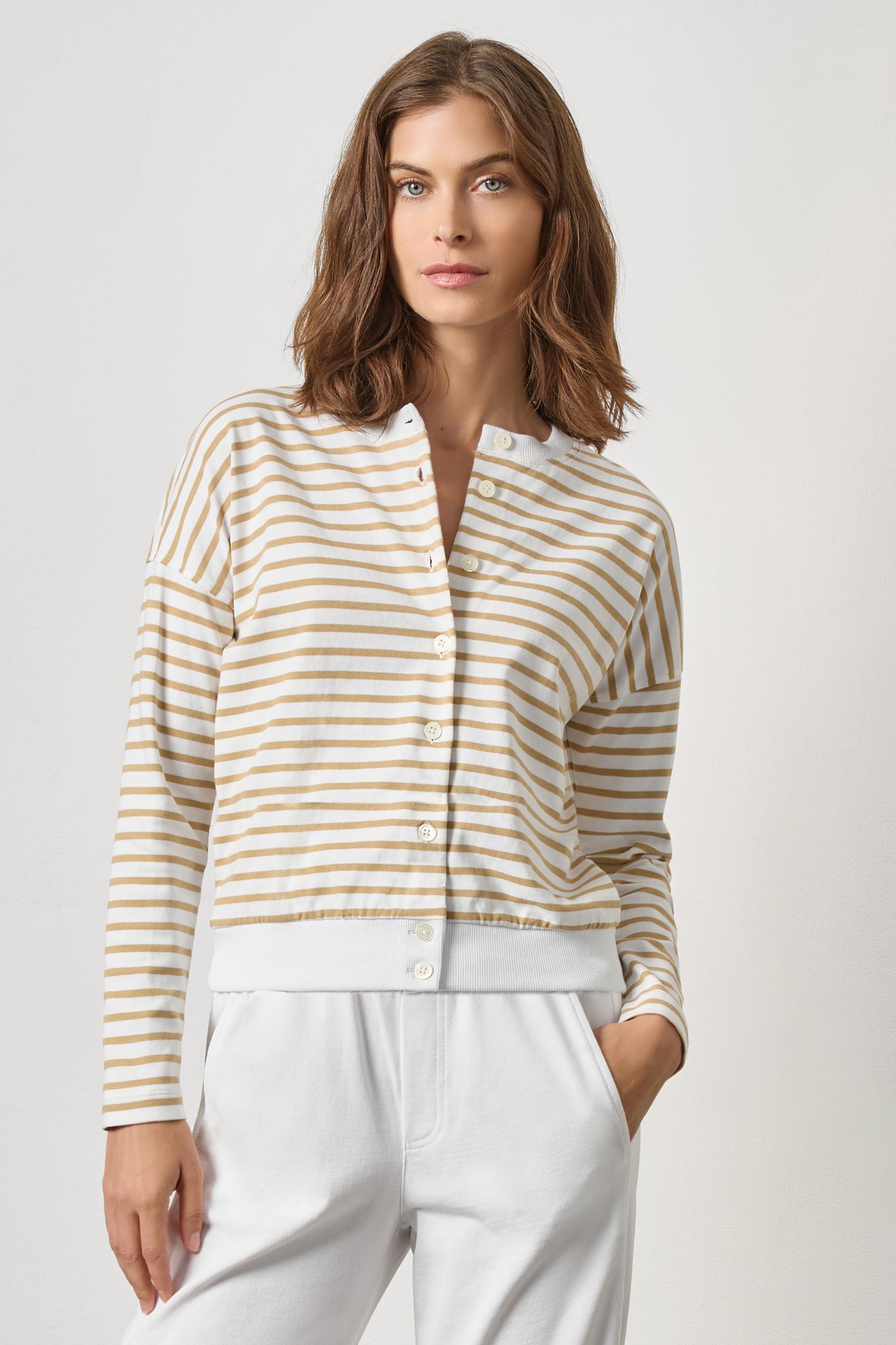 Rib Trim Cardigan Womens Top Burlap Stripe A3