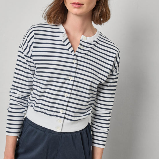 Rib Trim Cardigan Womens Top Navy Stripe A1