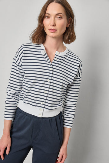 Rib Trim Cardigan Womens Top Navy Stripe A1