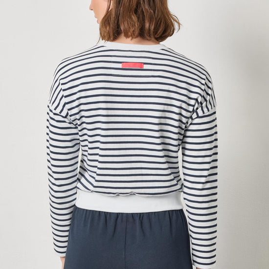 Rib Trim Cardigan Womens Top Navy Stripe A2